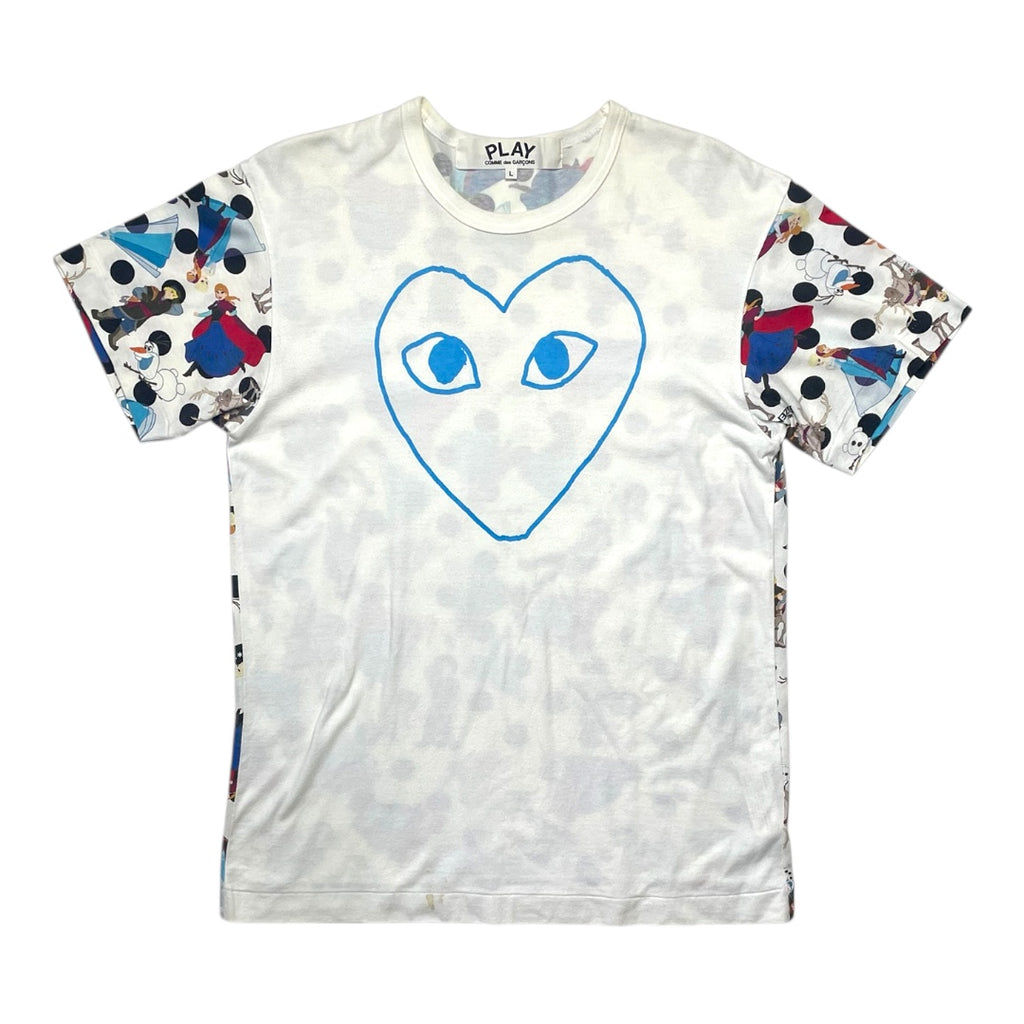 White t-shirt with blue heart design and colorful sleeves on a white background