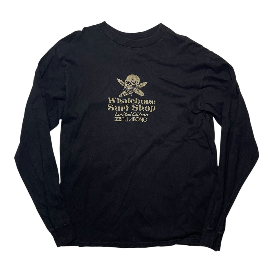 Black long-sleeve shirt with a logo and text on a white background