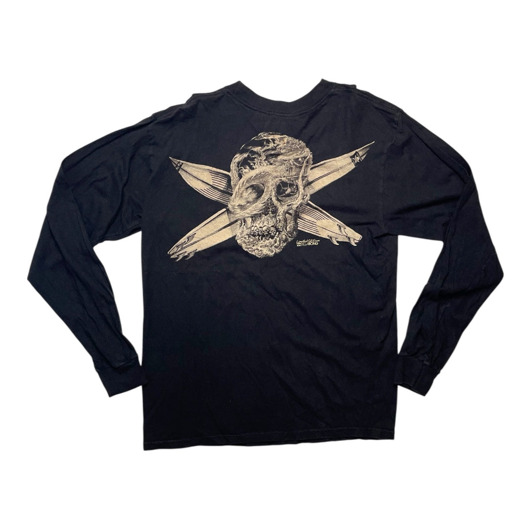 Black long-sleeve shirt with skull and crossbones design on a white background