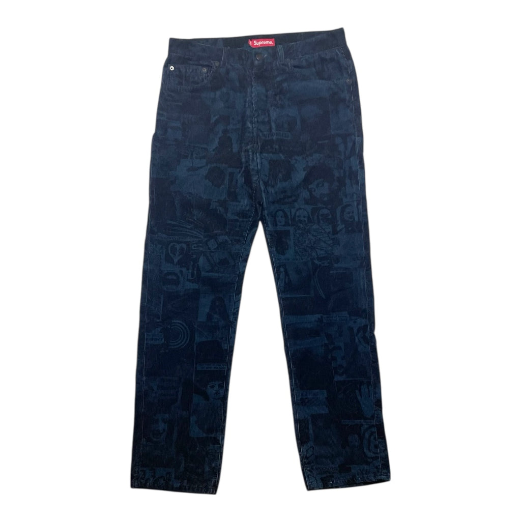 Dark blue jeans with a pattern on a white background