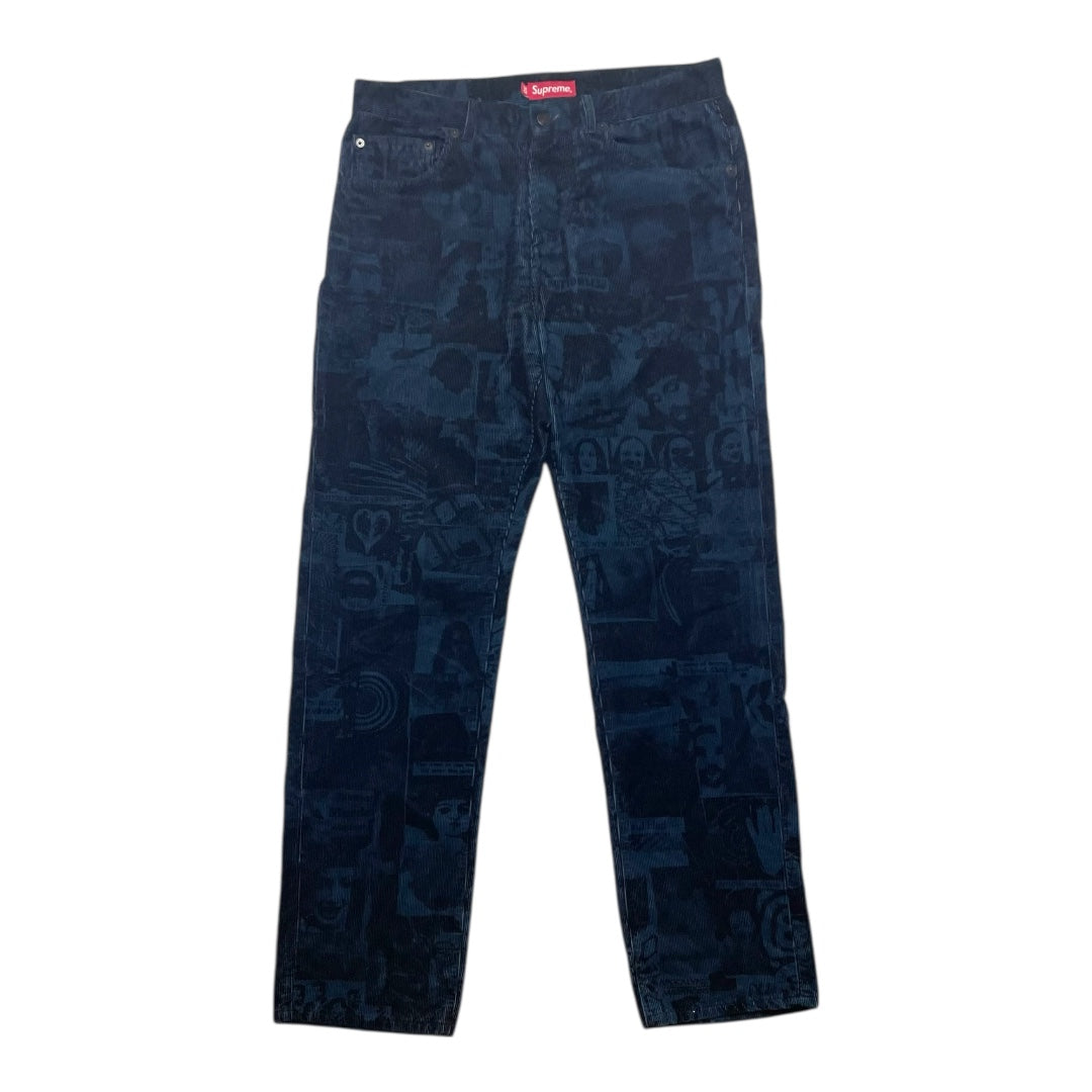 Dark blue jeans with a pattern on a white background