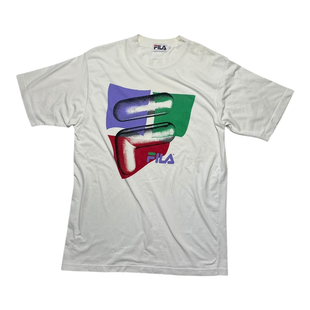 White t-shirt with colorful logo and 'FILA' branding on a white background