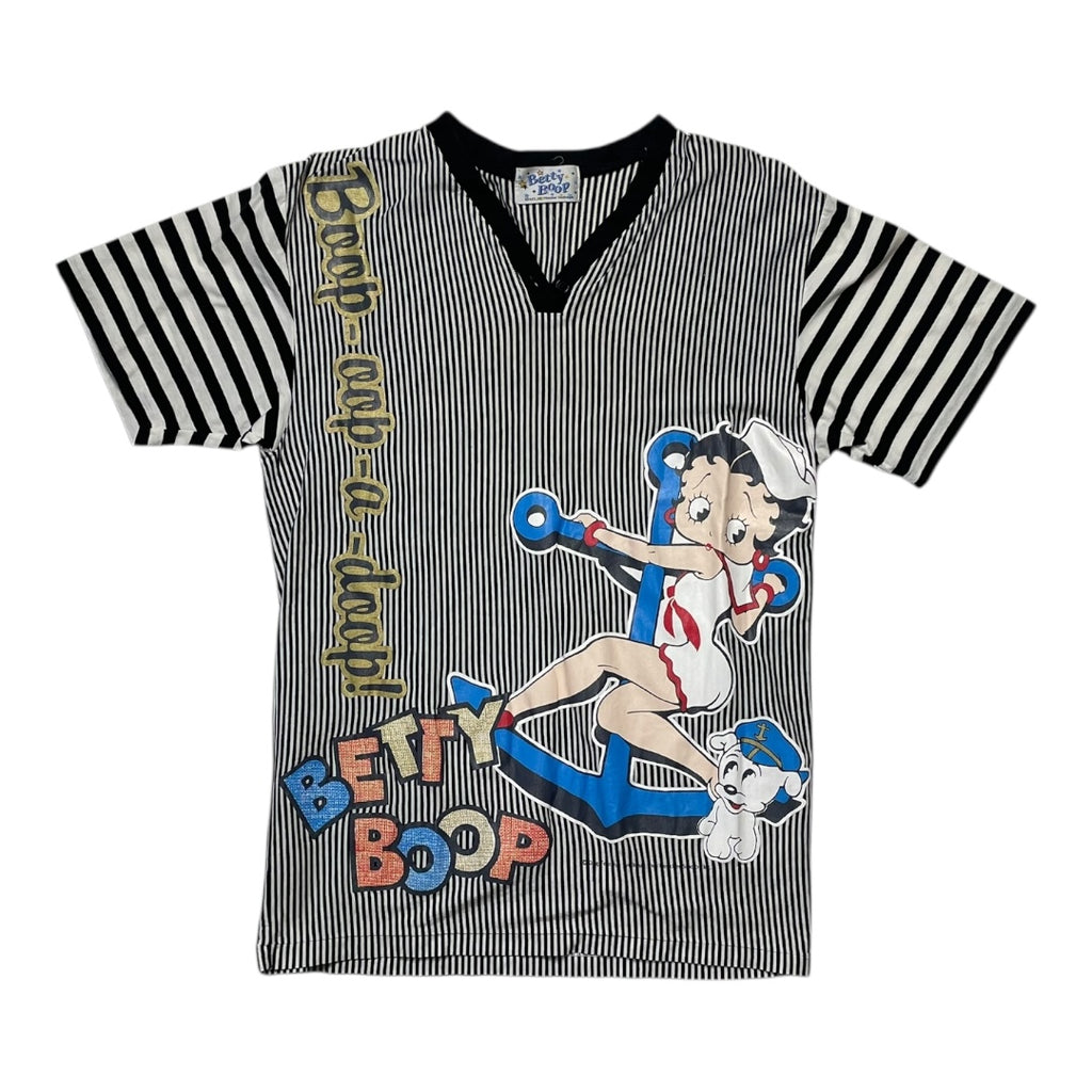 T-shirt with Betty Boop design and black and white striped sleeves on a white background