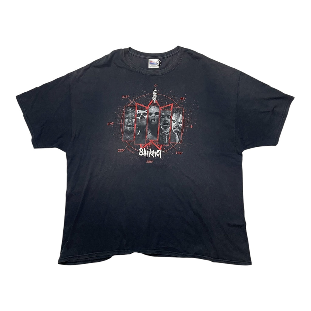 Black t-shirt with graphic design on a white background