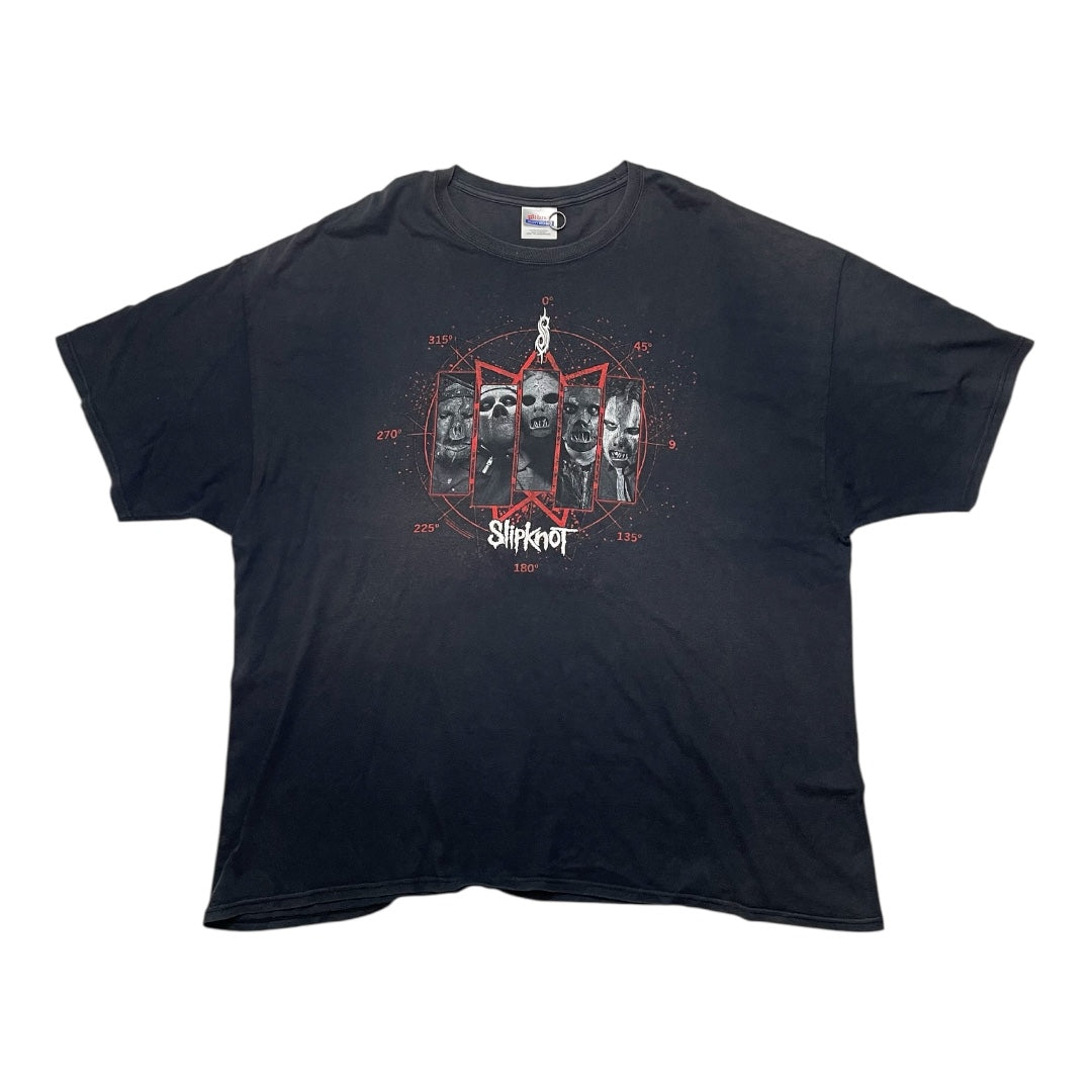 Black t-shirt with graphic design on a white background