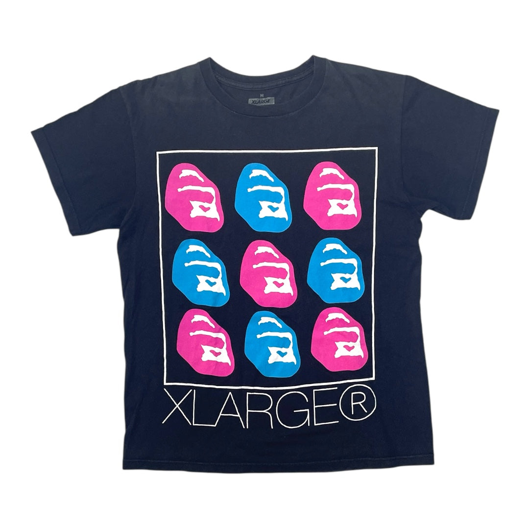 Navy blue t-shirt with colorful logo design on a white background